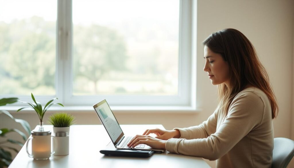 A bright, well-lit interior scene of an online therapy registration process. In the foreground, a person sitting at a desk, interacting with a laptop or tablet device, filling out a registration form with calm focus. Behind them, a window offering a pleasant view of a peaceful, natural landscape, conveying a sense of tranquility and mindfulness. The lighting is soft and diffused, creating a calming atmosphere. The angle is slightly elevated, providing an overview of the scene. The colors are warm and inviting, drawing the viewer into the serene, therapeutic environment. A bright, well-lit interior scene of an online therapy registration process. In the foreground, a person sitting at a desk, interacting with a laptop or tablet device, filling out a registration form with calm focus. Behind them, a window offering a pleasant view of a peaceful, natural landscape, conveying a sense of tranquility and mindfulness. The lighting is soft and diffused, creating a calming atmosphere. The angle is slightly elevated, providing an overview of the scene. The colors are warm and inviting, drawing the viewer into the serene, therapeutic environment.