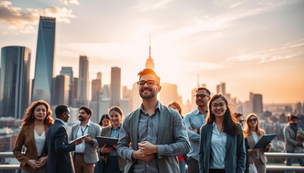 A bustling city skyline with towering skyscrapers in the background, symbolizing the importance of skills in the modern world. In the foreground, a group of diverse individuals are engaged in various professional activities, their skills and expertise on full display. The scene is bathed in warm, golden sunlight, conveying a sense of productivity, success, and the value of lifelong learning. The composition draws the viewer's eye towards the center, where a single individual stands out, their skills and capabilities highlighted as the key to unlocking new opportunities and career advancement.