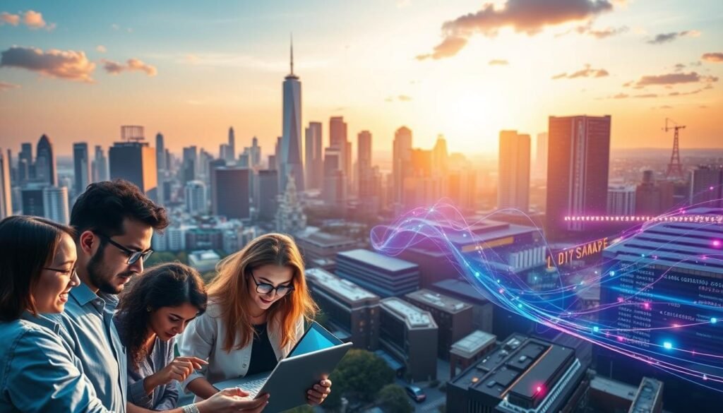 A bustling cityscape, its skyline dotted with towering skyscrapers, reflects the surging demand for data science expertise. In the foreground, a diverse group of professionals, laptops in hand, huddle over complex datasets, their faces illuminated by the soft glow of computer screens. The middle ground features a sleek, modern university campus, its state-of-the-art facilities and cutting-edge research labs symbolizing the importance of data science education. In the background, a vibrant stream of information flows, represented by lines of code and swirling data visualizations, underscoring the vital role data science plays in shaping the future. The scene is bathed in a warm, inviting light, conveying the excitement and opportunity inherent in the field of data science. A bustling cityscape, its skyline dotted with towering skyscrapers, reflects the surging demand for data science expertise. In the foreground, a diverse group of professionals, laptops in hand, huddle over complex datasets, their faces illuminated by the soft glow of computer screens. The middle ground features a sleek, modern university campus, its state-of-the-art facilities and cutting-edge research labs symbolizing the importance of data science education. In the background, a vibrant stream of information flows, represented by lines of code and swirling data visualizations, underscoring the vital role data science plays in shaping the future. The scene is bathed in a warm, inviting light, conveying the excitement and opportunity inherent in the field of data science.