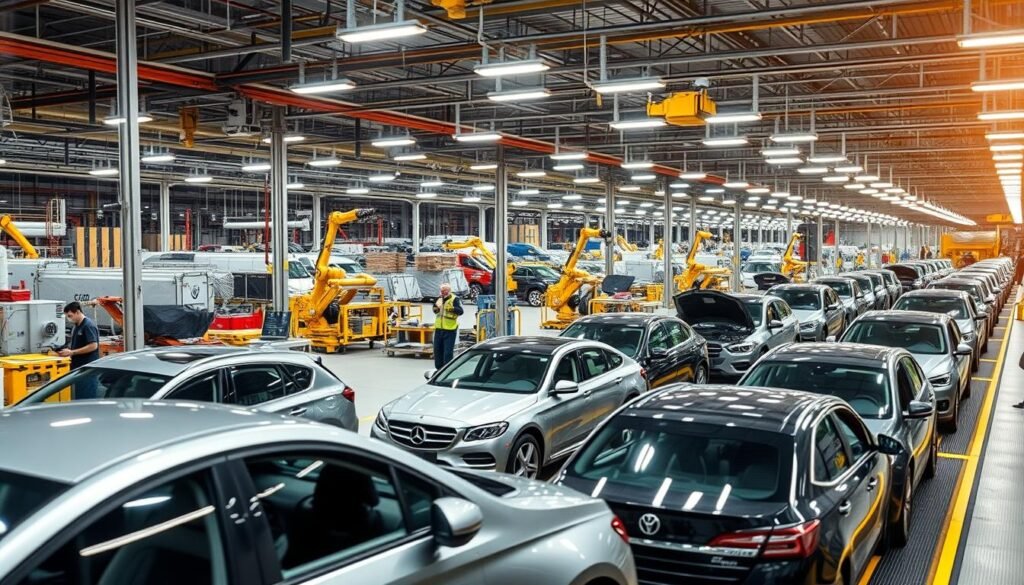 A bustling factory floor, machines whirring and workers toiling, capturing the economic impact of the vehicle manufacturing industry. In the foreground, sleek new car models roll off the assembly line, their gleaming bodies reflecting the bright overhead lighting. In the middle ground, workers in protective gear operate robotic arms and oversee quality control. The background reveals a sprawling complex of warehouses, logistics hubs, and transportation networks, all interconnected to support the automotive supply chain. The scene conveys a sense of industrious productivity, the engine of economic growth powered by the automotive sector.