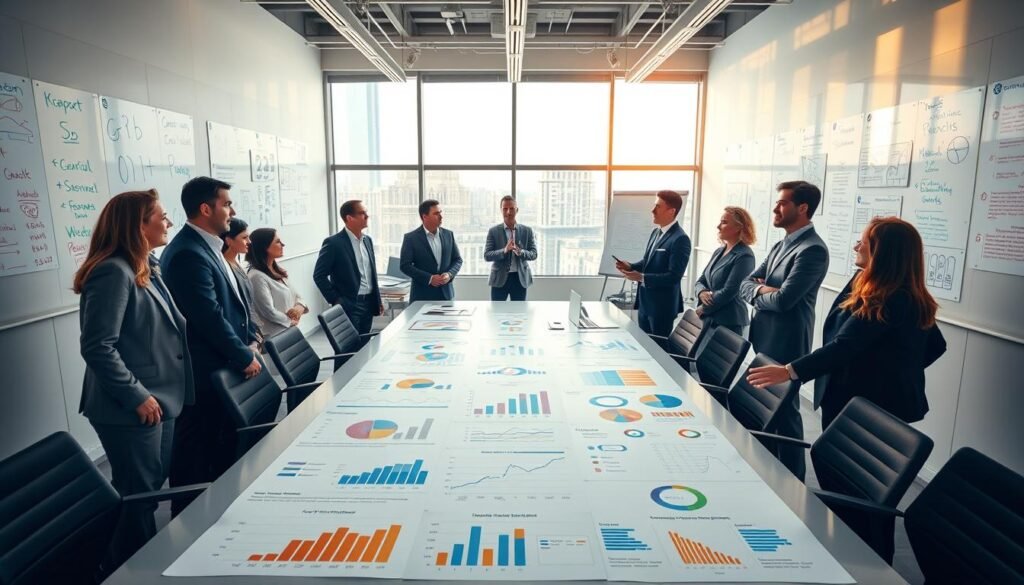 A bustling office interior with a large, sleek conference table at the center. The table is adorned with various charts, graphs, and data visualizations, illustrating key business metrics such as revenue growth, customer acquisition, and profitability. The walls are lined with whiteboards covered in colorful annotations and strategic plans. Bright, warm lighting emanates from large windows, creating a sense of productivity and success. Executives in tailored suits and business attire stand around the table, engaged in animated discussions, their expressions conveying a palpable sense of achievement and momentum. The overall atmosphere exudes a spirit of growth, innovation, and forward-thinking. A bustling office interior with a large, sleek conference table at the center. The table is adorned with various charts, graphs, and data visualizations, illustrating key business metrics such as revenue growth, customer acquisition, and profitability. The walls are lined with whiteboards covered in colorful annotations and strategic plans. Bright, warm lighting emanates from large windows, creating a sense of productivity and success. Executives in tailored suits and business attire stand around the table, engaged in animated discussions, their expressions conveying a palpable sense of achievement and momentum. The overall atmosphere exudes a spirit of growth, innovation, and forward-thinking.