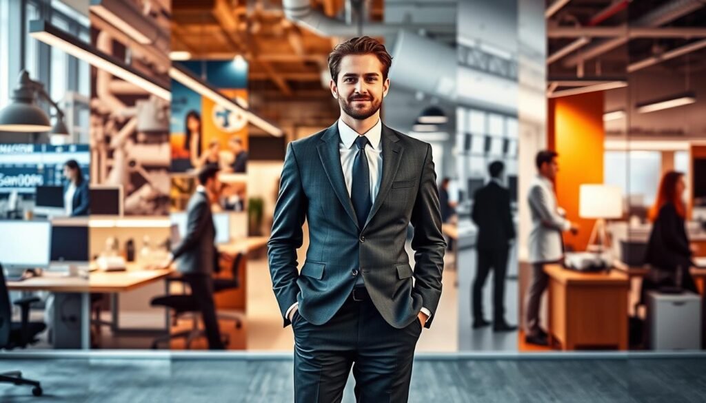 A bustling office scene, with a professional in a crisp suit standing confidently in the foreground. Behind them, a collage of diverse work environments - an engineering lab, a creative studio, a healthcare facility - representing the versatility of their transferable skills. Warm, directional lighting casts a sense of purpose and capability. The composition is balanced, with the subject's pose and the varied backgrounds creating a harmonious, dynamic image. The mood is one of adaptability, competence, and the ability to thrive in multiple professional contexts.