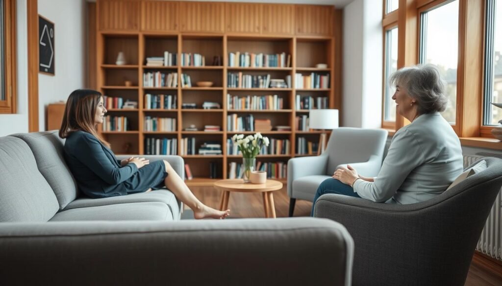 A cozy and inviting counseling session, taking place in a softly-lit room with warm wooden accents. A comfortable sofa sits in the foreground, with a therapist's armchair opposite, creating an intimate and nurturing atmosphere. The middle ground features a small side table with a vase of fresh flowers, adding a touch of serenity. In the background, bookshelves line the walls, conveying a sense of knowledge and professionalism. Soft, natural lighting filters in through large windows, casting a gentle glow throughout the space. The overall mood is one of calm, safety, and thoughtful introspection, ideal for the online therapy services offered by online-therapy.com. A cozy and inviting counseling session, taking place in a softly-lit room with warm wooden accents. A comfortable sofa sits in the foreground, with a therapist's armchair opposite, creating an intimate and nurturing atmosphere. The middle ground features a small side table with a vase of fresh flowers, adding a touch of serenity. In the background, bookshelves line the walls, conveying a sense of knowledge and professionalism. Soft, natural lighting filters in through large windows, casting a gentle glow throughout the space. The overall mood is one of calm, safety, and thoughtful introspection, ideal for the online therapy services offered by online-therapy.com.