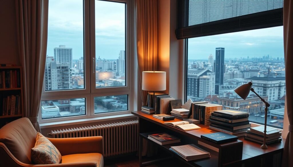 A cozy study area with a comfortable armchair, a large window overlooking a cityscape, and a desk with language learning materials. Soft, warm lighting illuminates the space, creating a serene and focused atmosphere. A collection of books, dictionaries, and language-learning aids are neatly arranged on the desk, suggesting the user's dedication to the learning process. The cityscape in the background provides a sense of urban sophistication, hinting at the diverse cultural experiences that language learning can unlock. The overall scene conveys a sense of personal growth, intellectual curiosity, and the joy of discovery that comes with mastering a new language.