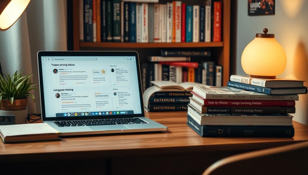 A cozy study nook with a wooden desk, a stack of language learning books, and a laptop displaying reviews and ratings for various language learning platforms. Soft, warm lighting illuminates the scene, creating a focused, contemplative atmosphere. In the background, a bookshelf showcases diverse language dictionaries and textbooks, hinting at the breadth of learning resources available. The composition emphasizes the importance of thoughtful evaluation and research when choosing the right language learning solution, reflecting the "إيجابيات وسلبيات Preply" section of the article.