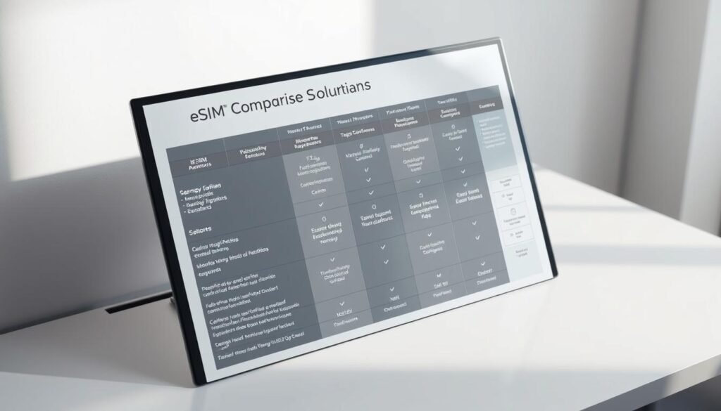 A detailed comparison chart displayed on a sleek, modern office desk. The chart showcases the key features and specifications of various eSIM solutions, allowing for easy side-by-side evaluation. The chart is rendered in high resolution, with crisp typography and clean data visualization. Soft, directional lighting from the side casts subtle shadows, creating depth and emphasizing the professional, analytical nature of the scene. The desk surface is minimalist, allowing the chart to be the focal point, surrounded by a simple, uncluttered background that conveys a sense of corporate efficiency.
