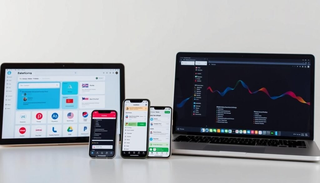 A detailed comparison of leading language learning platforms set against a clean, minimalist background. Sleek, high-quality product shots of mobile devices and laptops showcasing the user interfaces of various apps. Crisp, natural lighting illuminates the devices, allowing the software features and designs to be clearly visible. The composition highlights the key differences in functionality, user experience, and learning methodologies between the language learning tools. An overall sense of professionalism and objectivity, inviting the viewer to carefully consider the merits of each platform.