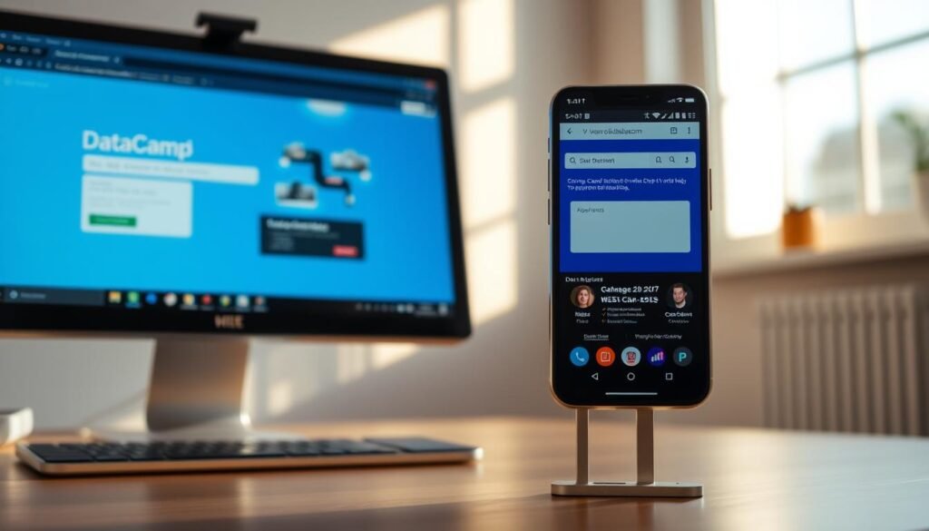 A detailed comparison of the DataCamp web and mobile applications, showcasing their distinct features and user experiences. The web version is displayed on a sleek desktop monitor, while the mobile app is presented on a high-resolution smartphone screen. Warm, natural lighting illuminates the scene, creating a professional and inviting atmosphere. The layout is clean and minimalist, emphasizing the user interface and functionality of both platforms. The composition balances the two devices, allowing the viewer to easily compare and contrast the capabilities of the web and mobile versions of DataCamp.