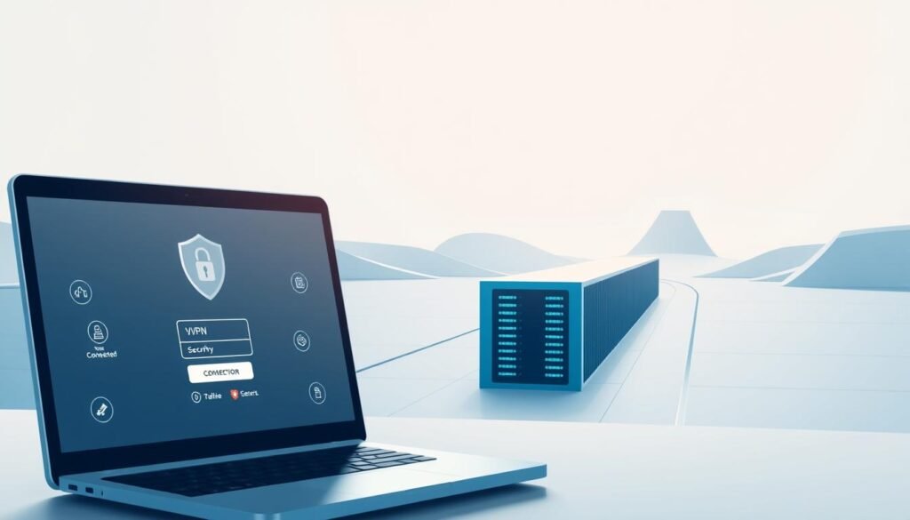 A detailed illustration of a virtual private network (VPN) in action. The foreground shows a laptop screen displaying a VPN connection process, with various network security icons and status indicators. The middle ground depicts a secure encrypted tunnel transporting data between the user's device and a remote VPN server, represented by a sleek, futuristic datacenter. The background features a minimalist, architectural landscape with clean lines and a cool, monochromatic color palette, conveying a sense of technological sophistication and data protection. Soft, directional lighting illuminates the scene, creating depth and emphasizing the interconnected nature of the VPN components. The overall mood is one of efficiency, reliability, and digital privacy. A detailed illustration of a virtual private network (VPN) in action. The foreground shows a laptop screen displaying a VPN connection process, with various network security icons and status indicators. The middle ground depicts a secure encrypted tunnel transporting data between the user's device and a remote VPN server, represented by a sleek, futuristic datacenter. The background features a minimalist, architectural landscape with clean lines and a cool, monochromatic color palette, conveying a sense of technological sophistication and data protection. Soft, directional lighting illuminates the scene, creating depth and emphasizing the interconnected nature of the VPN components. The overall mood is one of efficiency, reliability, and digital privacy.