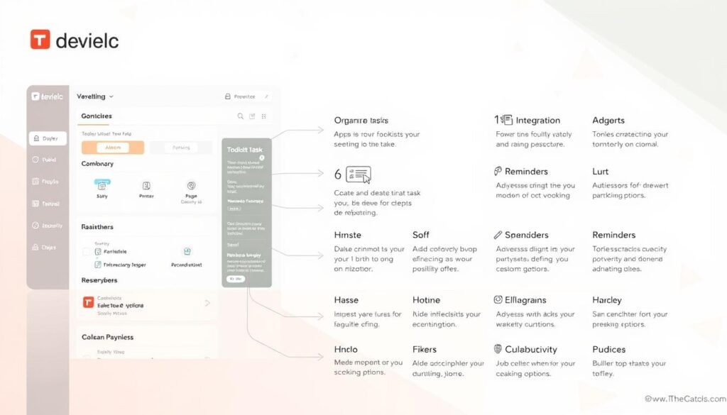 A detailed infographic showcasing the key features of the Todoist task management app. The foreground displays a clean, minimal user interface with intuitive icons and controls for creating, organizing, and tracking tasks. The middle ground highlights various productivity tools like calendar integration, reminders, and collaboration options. The background features a soft, gradient-based color scheme with subtle geometric patterns, conveying a sense of digital efficiency and productivity. The lighting is bright and natural, with a slight warm tone to evoke a professional, yet approachable aesthetic. The camera angle is slightly elevated, providing an overview of the app's functionality in a visually appealing and informative manner.