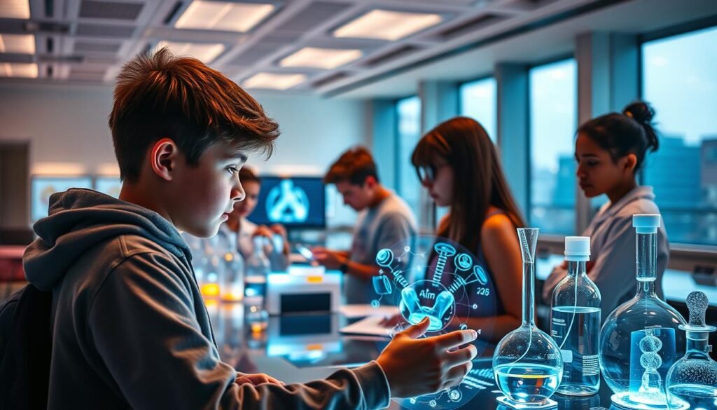 A digital learning laboratory, bathed in warm, diffused lighting, showcases a variety of interactive scientific experiments. In the foreground, a student examines a holographic display, their face illuminated by the digital interface. In the middle ground, other students collaborate, sharing insights and observations. The background reveals a sleek, modern classroom setting, with large windows offering a glimpse of the outside world, blending the physical and digital realms. The scene conveys a sense of exploration, discovery, and the seamless integration of technology in the educational experience.