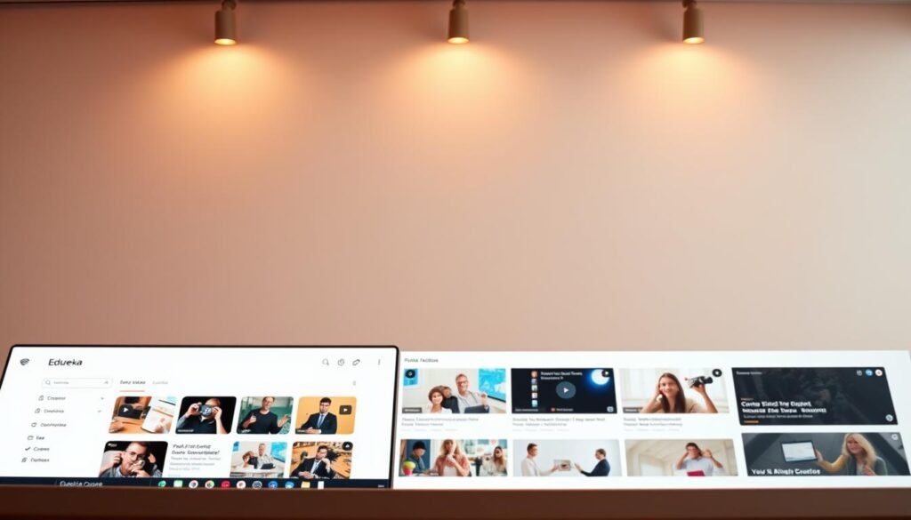 A digital platform showcasing the Edureka online learning experience. In the foreground, a minimalist and clean-lined user interface with sleek navigation menus. The middle ground features visuals of various course categories, organized into distinct sections. The background is a soft gradient, evoking a sense of modernity and professionalism. Warm lighting from above casts an inviting glow, while the camera angle is positioned to capture the platform's seamless integration of multimedia content and interactive learning tools. The overall composition aims to convey Edureka's commitment to accessible, high-quality online education.