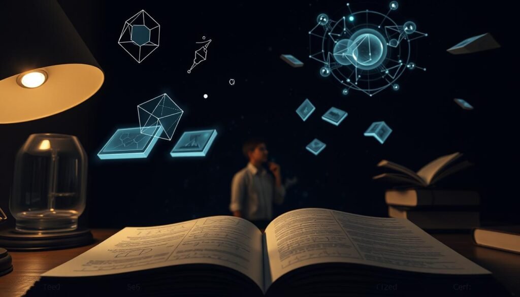 A dimly lit study, illuminated by the soft glow of a desk lamp. In the foreground, an open book with detailed diagrams and equations, representing the theoretical foundations of knowledge-based skills. Floating above the book, abstract geometric shapes and data visualizations symbolize the interconnectedness of ideas. In the middle ground, a human figure, deep in contemplation, surrounded by floating books and holographic displays. The background is a vast, starry expanse, hinting at the boundless nature of intellectual pursuits. The scene conveys a sense of depth, mystery, and the power of the mind to uncover and synthesize complex information.