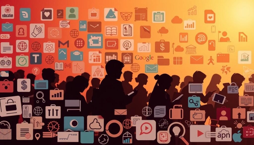 A diverse array of educational courses displayed in a visually captivating manner. In the foreground, a collection of course icons representing a wide range of subjects, from business and technology to arts and personal development, arranged in a dynamic, overlapping composition. The middle ground features silhouettes of students engaged in learning, their faces obscured but their postures conveying a sense of focus and progress. The background is a warm, gradient-based environment, evoking a sense of growth, knowledge, and exploration. The lighting is soft and diffused, creating a inviting, aspirational atmosphere. The overall image conveys the breadth, depth, and accessibility of the educational opportunities available.