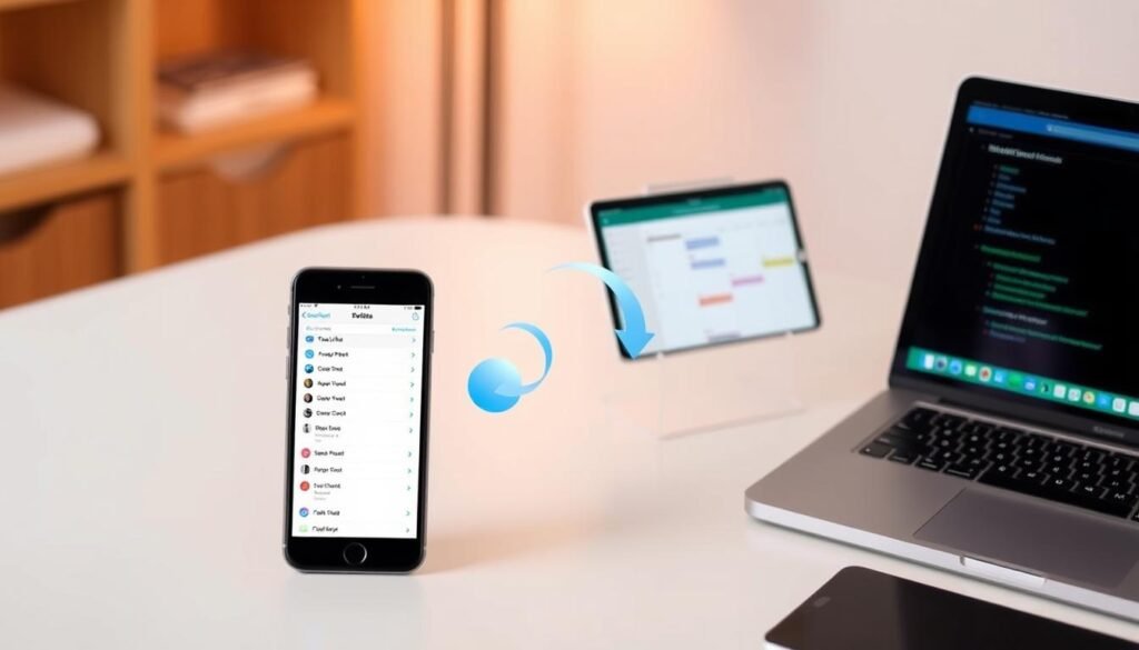 A dynamic multi-device synchronization of tasks, showcasing seamless integration across devices. A smartphone, tablet, and laptop displayed in a clean, minimalist workspace, with task lists, calendars, and notifications effortlessly synced. Warm, soft lighting accentuates the clean lines and sleek, modern design of the devices. The scene conveys a sense of productivity, organization, and the convenience of accessing your tasks from anywhere.