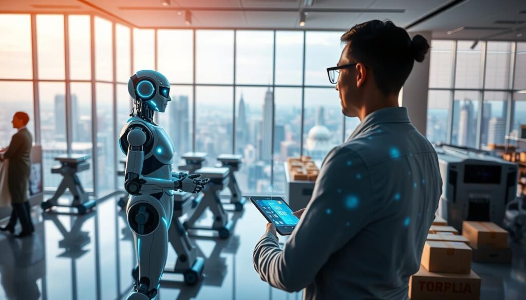 A futuristic e-commerce scene set in a sleek, modern office environment. In the foreground, an AI assistant in the form of a holographic figure interacts with a customer, discussing product recommendations and placing orders seamlessly. The middle ground features rows of robotic fulfillment units efficiently sorting and packing orders, while the background showcases panoramic city views through floor-to-ceiling windows, bathed in warm, diffused lighting. The overall atmosphere conveys the power of AI-driven innovations to streamline and enhance the e-commerce experience.