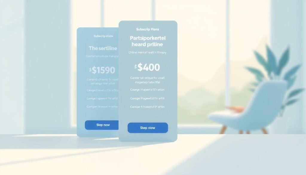 A high-resolution digital illustration depicting the subscription plans for online mental health therapy. The foreground shows a clean, minimalist design with three distinct pricing tiers, each highlighted by a card-like element. The middle ground features a soothing, pastel-toned color palette, with subtle gradients and soft lighting creating a calming, professional atmosphere. The background subtly suggests a serene, therapeutic environment, such as a tranquil landscape or a comfortable office setting. The overall composition conveys a sense of clarity, accessibility, and trust, reflecting the core values of the online therapy service. A high-resolution digital illustration depicting the subscription plans for online mental health therapy. The foreground shows a clean, minimalist design with three distinct pricing tiers, each highlighted by a card-like element. The middle ground features a soothing, pastel-toned color palette, with subtle gradients and soft lighting creating a calming, professional atmosphere. The background subtly suggests a serene, therapeutic environment, such as a tranquil landscape or a comfortable office setting. The overall composition conveys a sense of clarity, accessibility, and trust, reflecting the core values of the online therapy service.