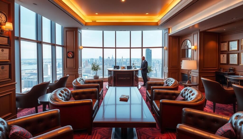 A luxurious membership lounge with plush leather chairs and a polished mahogany table. The walls are adorned with framed certificates and emblems, conveying a sense of exclusivity. Soft, warm lighting casts a cozy glow, while large windows offer a panoramic view of a bustling city skyline. A concierge desk stands at the center, staffed by a smartly dressed attendant ready to assist members. The atmosphere exudes a feeling of prestige and privilege, inviting the viewer to imagine the bespoke services and benefits available to those who belong to this elite club. A luxurious membership lounge with plush leather chairs and a polished mahogany table. The walls are adorned with framed certificates and emblems, conveying a sense of exclusivity. Soft, warm lighting casts a cozy glow, while large windows offer a panoramic view of a bustling city skyline. A concierge desk stands at the center, staffed by a smartly dressed attendant ready to assist members. The atmosphere exudes a feeling of prestige and privilege, inviting the viewer to imagine the bespoke services and benefits available to those who belong to this elite club.