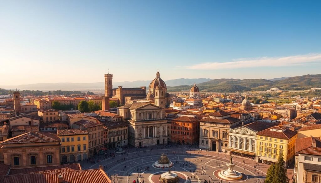 A magnificent Italian cityscape, bathed in warm golden light. In the foreground, a bustling piazza with intricate Renaissance architecture, ornate fountains, and locals bustling about. In the middle ground, a towering medieval cathedral, its spires and domes reaching skyward. In the distance, rolling hills dotted with olive groves and vineyards, hinting at the countryside's natural beauty. The scene exudes a sense of timeless elegance and cultural richness, capturing the essence of Italy's enduring heritage.