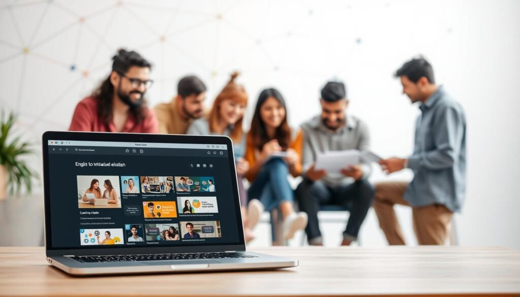A modern and intuitive English learning platform set against a bright, airy backdrop. In the foreground, a laptop displays an interactive lesson interface with engaging visuals and exercises. In the middle ground, a diverse group of learners collaborates on language activities, their faces animated with concentration and camaraderie. The background features an abstract geometric pattern suggestive of interconnected networks, symbolizing the platform's global reach and connectivity. Soft, diffused lighting creates a welcoming, productive atmosphere, inviting the viewer to imagine themselves immersed in this effective, user-friendly language learning experience. A modern and intuitive English learning platform set against a bright, airy backdrop. In the foreground, a laptop displays an interactive lesson interface with engaging visuals and exercises. In the middle ground, a diverse group of learners collaborates on language activities, their faces animated with concentration and camaraderie. The background features an abstract geometric pattern suggestive of interconnected networks, symbolizing the platform's global reach and connectivity. Soft, diffused lighting creates a welcoming, productive atmosphere, inviting the viewer to imagine themselves immersed in this effective, user-friendly language learning experience.