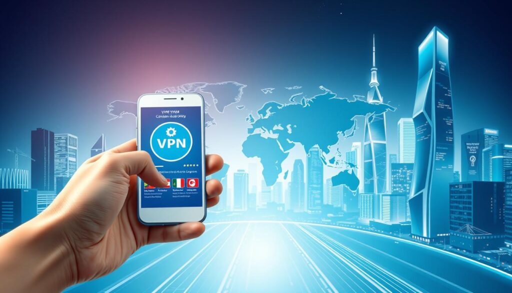 A modern and sleek digital illustration showcasing the concept of "VPN for streaming and geo-unblocking". In the foreground, a user's hand is holding a smart device, with a VPN app interface prominently displayed. In the middle ground, a world map with various country flags is partially visible, symbolizing the ability to access content from different regions. The background features a dynamic, futuristic cityscape with skyscrapers, neon lights, and a clear night sky, conveying a sense of global connectivity and advanced technology. The overall scene is bathed in a cool, blue-tinted color palette, creating a calming and sophisticated atmosphere.