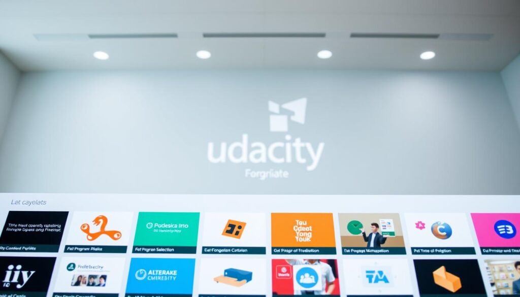 A modern, minimalist web interface showcasing Udacity's diverse program selection. In the foreground, a sleek grid of program tiles, each with an icon and brief description, arranged in a clean, visually appealing layout. The middle ground features a soft, blurred background of the Udacity logo, conveying a sense of brand identity. The lighting is bright and even, creating a professional, inviting atmosphere. The camera angle is slightly elevated, allowing the viewer to survey the program options comfortably. The overall mood is one of clarity, organization, and the promise of educational opportunity.