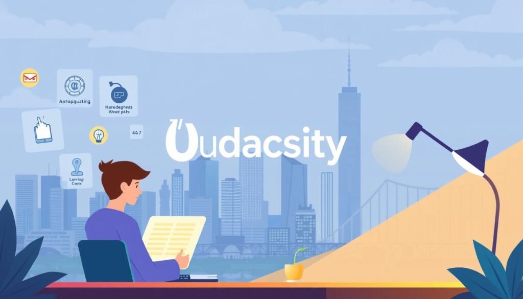 A scenic digital illustration showcasing the key features of learning through Udacity. In the foreground, a person sits at a desk using a laptop, with various floating icons and interactive elements representing Udacity's engaging online courses, nanodegrees, and learning paths. The middle ground features a large, modern Udacity logo, with a clean, minimalist design. In the background, a cityscape with towering skyscrapers symbolizes the global reach and accessibility of Udacity's online education platform. The lighting is soft and warm, creating a welcoming and productive atmosphere. The overall composition conveys the convenience, flexibility, and high-quality learning experience that Udacity provides.