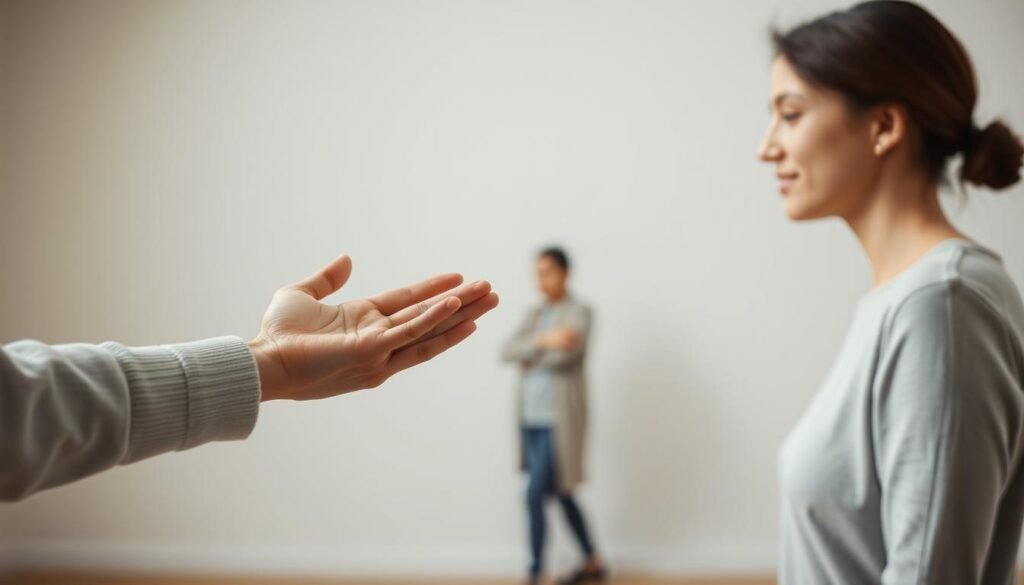 A serene, minimalist scene depicting the contrast between empathy and sympathy. In the foreground, a person extends a compassionate hand, their expression reflecting genuine concern and a desire to understand. In the middle ground, another individual receives this gesture, their posture and facial features conveying a sense of appreciation and emotional connection. The background is a muted, soft-focus environment, allowing the central interaction to take center stage. The lighting is gentle, creating a warm and inviting atmosphere that emphasizes the emotional depth of the moment. The overall composition suggests a sensitive, nuanced understanding of the differences between empathy and sympathy, inviting the viewer to reflect on these profound human experiences.