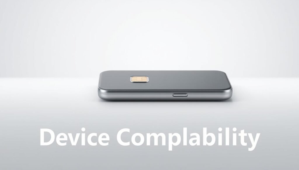 A sleek and modern eSIM device resting on a clean, minimalist surface. The device is rendered in high-definition, showcasing its seamless design and technical capabilities. The lighting is soft and diffused, creating a sense of sophistication and professionalism. The background is a neutral, slightly blurred gradient, allowing the device to take center stage. The overall composition is well-balanced, drawing the viewer's attention to the eSIM device and its compatibility features, reflecting the "Device Compatibility" section of the article.