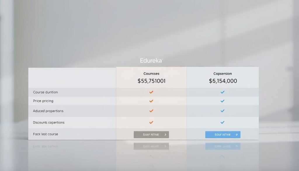 A sleek, modern comparison table showcasing Edureka's course pricing options. The foreground features a clean, minimalist layout with columns highlighting key details like course duration, price, and discounts. The middle ground includes subtle branding elements like the Edureka logo and color scheme. The background has a soft, blurred gradient to draw focus to the central pricing information. Lighting is natural and diffused, creating a professional, high-quality appearance. The overall tone is one of clarity, simplicity, and value proposition, reflecting the core messaging of Edureka's course offerings.