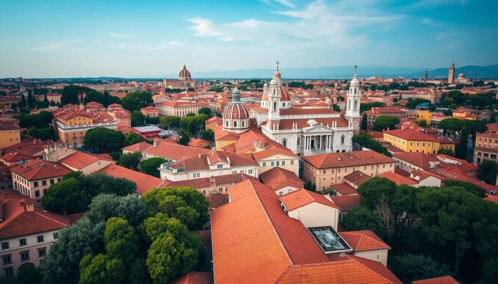 A stunning aerial view of the historic city of Rome, showcasing the iconic skyline of its renowned universities. In the foreground, the majestic domes and spires of the Sapienza University of Rome, one of the oldest and most prestigious academic institutions in the world, stand tall against a backdrop of vibrant terracotta rooftops. In the middle ground, the University of Rome Tor Vergata and the Roma Tre University rise amidst a lush, verdant landscape, their modern architectural designs blending seamlessly with the city's timeless charm. In the distance, the silhouettes of other top-tier Italian universities, such as the University of Bologna and the University of Milan, create a tapestry of academic excellence that is sure to captivate and inspire international students.