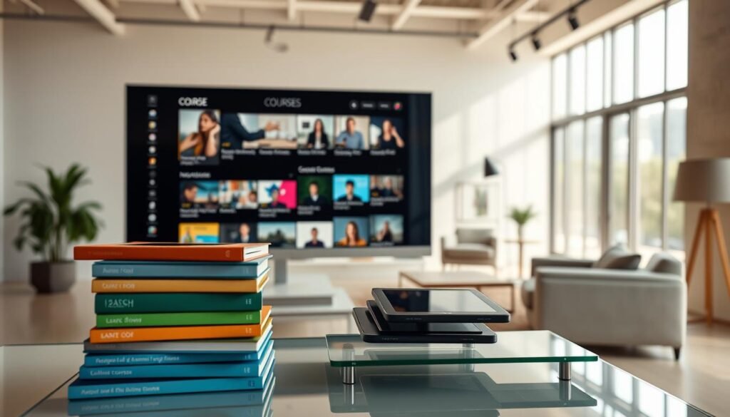 A stylish and modern online learning platform showcasing a curated collection of premium online courses. In the foreground, a stack of colorful course books and tablets hover above a sleek, glass-topped desk. In the middle ground, a sophisticated minimalist monitor displays course thumbnails and descriptions. In the background, a clean, well-lit studio space with large windows and modern furniture creates an atmosphere of professionalism and expertise. The lighting is soft and diffused, casting a warm glow across the scene. The overall mood is one of high-quality, exclusive education and a commitment to delivering a premium learning experience.