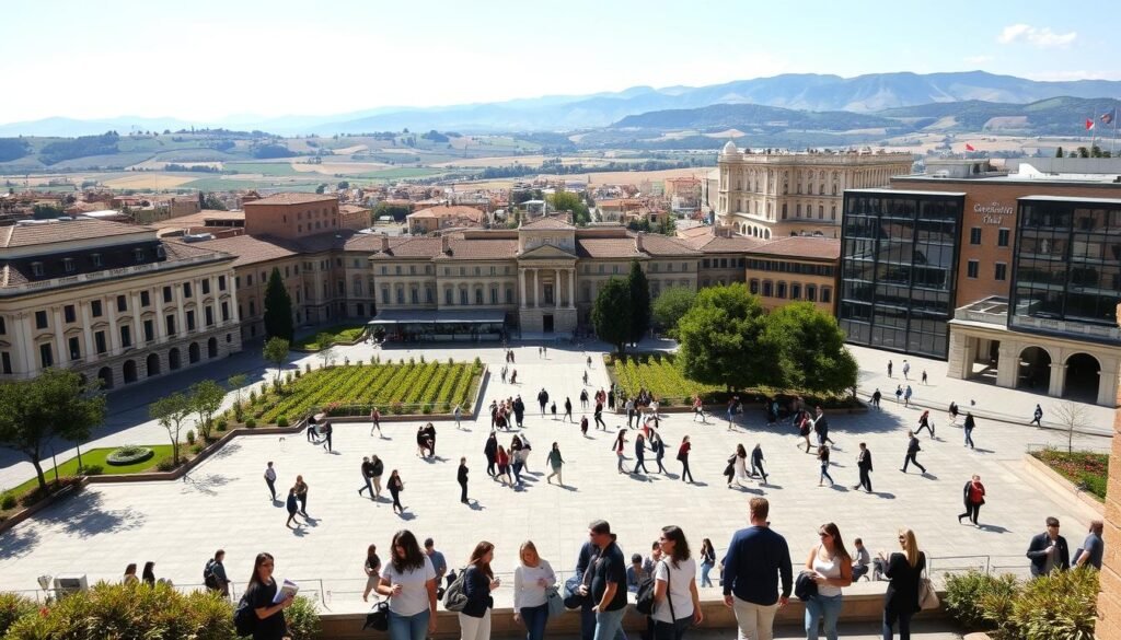 A sunny Italian cityscape with a prominent university campus in the foreground. The campus buildings feature a mix of classic Renaissance architecture and modern glass-and-steel structures, representing the blend of old and new in Italy's higher education system. In the middle ground, students in casual attire walk across a bustling piazza, some carrying books and laptops, indicating the international, English-taught programs available. In the background, rolling hills and vineyards stretch out, creating a picturesque, idyllic setting. The overall scene conveys a sense of academic vibrancy, cultural heritage, and the appeal of studying in Italy.