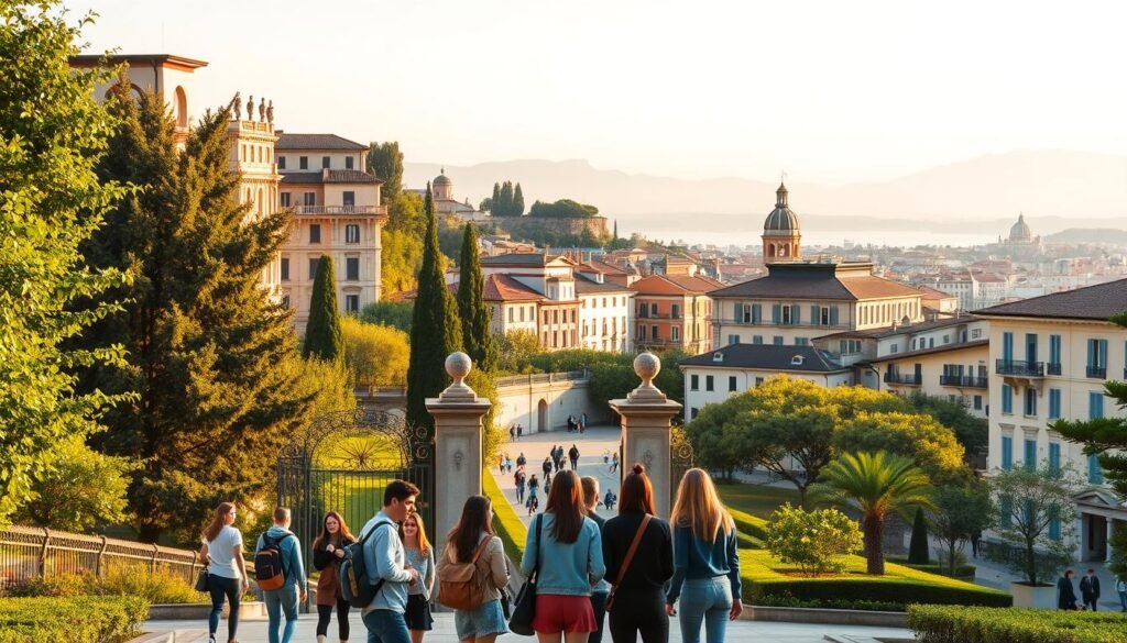 A university campus nestled in the heart of a vibrant Italian city, with students strolling through lush gardens and modern academic buildings. In the foreground, a group of young adults stands before a large, ornate campus gate, discussing their tuition fees and financial aid options. The middle ground features a mix of traditional and contemporary architecture, conveying the blend of Italy's rich heritage and progressive education system. In the background, the skyline is dotted with iconic landmarks, hinting at the cultural and historical significance of the location. Warm, golden lighting casts a soft glow, creating a welcoming and inspiring atmosphere for prospective students.
