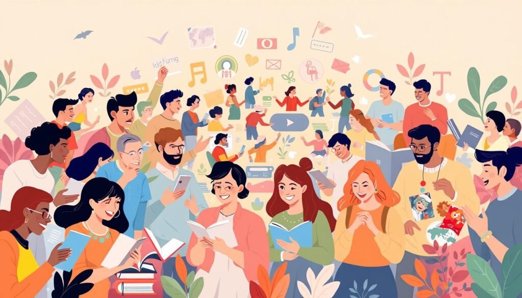 A vibrant and dynamic illustration depicting the diverse user experiences with Mondly, a language learning platform. The scene showcases a group of people from various backgrounds, each engrossed in their own language learning journey. The foreground features a mix of gestures, expressions, and interactions, conveying the sense of progress, discovery, and camaraderie. The middle ground presents a collage of language-related elements, such as textbooks, digital devices, and interactive tools, reflecting the versatility of Mondly's approach. The background is imbued with a warm, inviting atmosphere, with soft lighting and a subtle gradient that creates a sense of depth and unity. The overall composition aims to capture the joy, engagement, and fulfillment that users experience when learning languages with Mondly.
