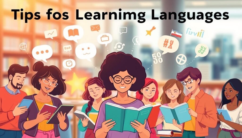 A vibrant and engaging illustration showcasing "Tips for Learning Languages". In the foreground, a diverse group of people actively engaged in language learning, using digital devices, books, and gestures to communicate. The middle ground features language-learning icons and symbols, such as translation bubbles, speech waves, and multilingual alphabets, all illuminated by a warm, inviting light. In the background, a blurred cityscape or library setting, hinting at the global and intellectual nature of language acquisition. The overall scene conveys a sense of collaboration, discovery, and the joy of mastering new languages.