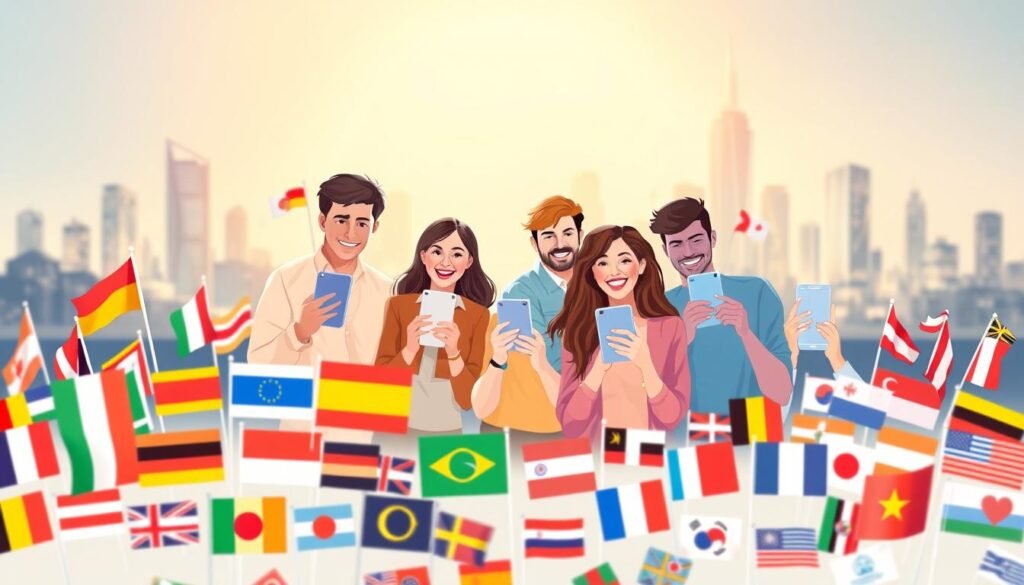 A vibrant and visually captivating illustration showcasing the key features of Mondly's language learning platform. In the foreground, a colorful array of language flags and icons representing the diverse languages offered, creating a sense of global connectivity. In the middle ground, a group of dynamic, engaged learners interacting with the Mondly app on various devices, their faces expressing joy and a sense of accomplishment. The background features a softly blurred, elegant cityscape, symbolizing the worldwide accessibility and reach of the language-learning experience. The lighting is warm and inviting, with a touch of soft, diffused illumination that enhances the overall mood of the scene. The composition is well-balanced, drawing the viewer's attention to the key elements of the Mondly learning experience.
