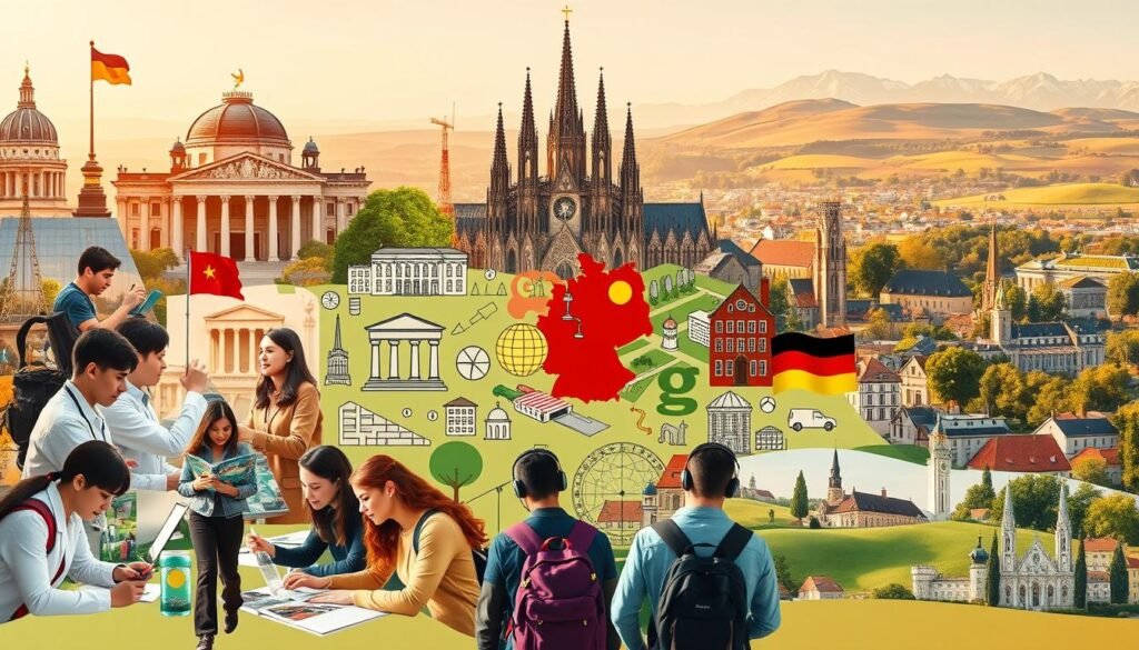 A vibrant, dynamic collage depicting the diverse range of popular study programs in Germany. The foreground showcases students immersed in engaging activities like coding, laboratory experiments, and design workshops, all set against a backdrop of iconic German architectural landmarks like the Reichstag building and the Cologne Cathedral. The middle ground features a montage of academic disciplines, from engineering and business to the arts and humanities, represented by symbolic icons and illustrations. The background provides a scenic view of the German countryside, with rolling hills, quaint villages, and the distant silhouettes of the Alps, conveying the country's rich cultural heritage and picturesque landscapes. The lighting is warm and inviting, creating a sense of energy and optimism, reflecting the excellent educational opportunities available in Germany.