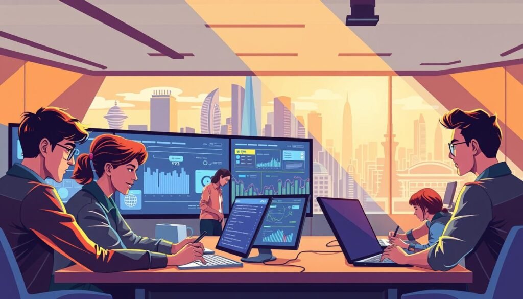 A vibrant, dynamic illustration showcasing "Data Science and Artificial Intelligence Courses" offered by Edureka. In the foreground, a diverse group of students engages with data visualization dashboards, machine learning algorithms, and AI-powered applications, their faces alight with curiosity and determination. The middle ground features a sleek, modern classroom setting, with state-of-the-art workstations and interactive whiteboards. In the background, a cityscape with towering skyscrapers symbolizes the thriving tech industry, underscoring the relevance and impact of these Edureka courses. Warm lighting, sharp angles, and a bold color palette create an energetic, cutting-edge atmosphere, reflecting the innovative nature of the subject matter.