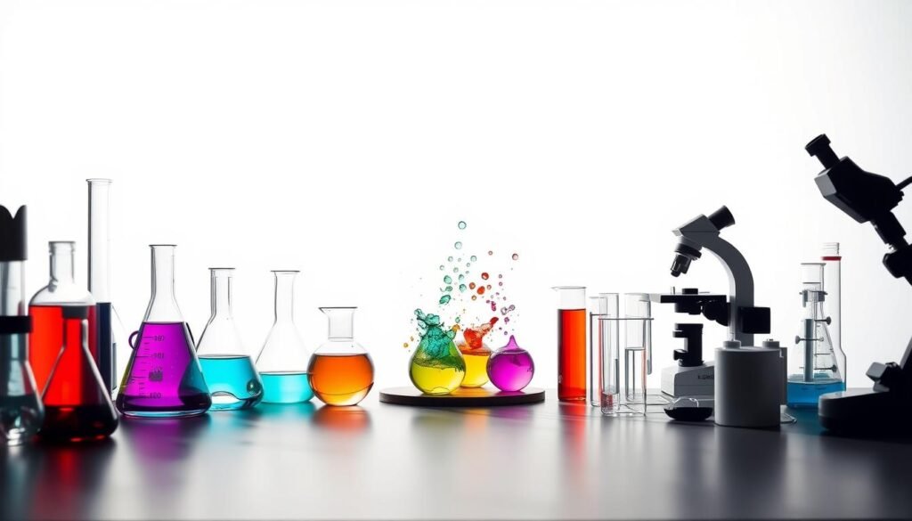 A vibrant, educational scientific experiment unfolds against a clean, white background. In the foreground, various lab equipment like beakers, test tubes, and microscopes are arranged neatly, casting intriguing shadows. The middle ground features a captivating experiment in progress, with colorful liquids bubbling and reacting. The lighting is soft and diffused, creating a sense of wonder and discovery. The overall composition is balanced and visually appealing, inviting the viewer to engage with the educational nature of the scene. The mood is one of curiosity, exploration, and the joy of learning through hands-on experimentation.