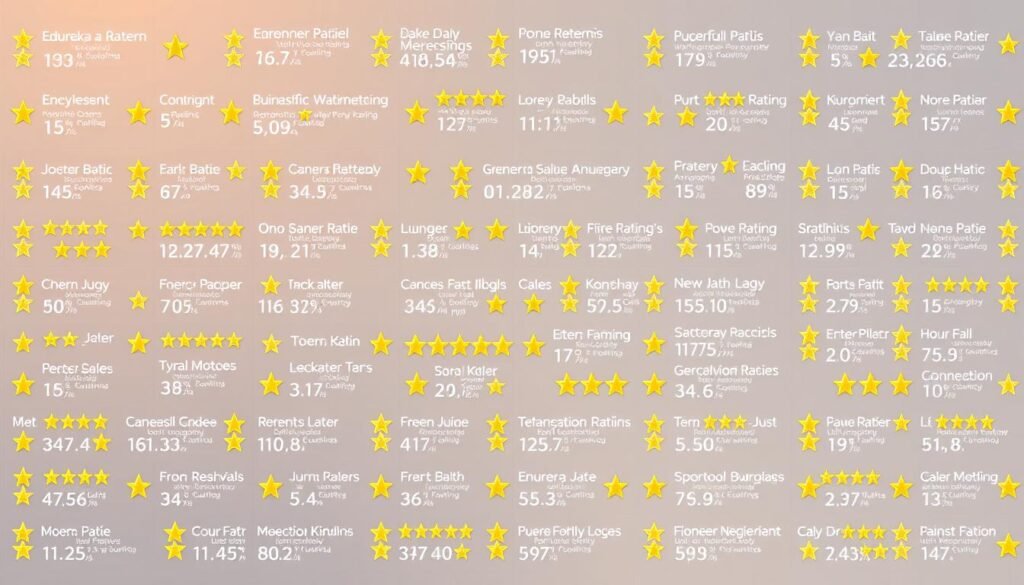 A vibrant mosaic of user ratings, showcasing a variety of user testimonials, reviews, and feedback about the Edureka online training platform. The ratings are displayed in a sleek, modern layout, with dynamic numerical scores and expressive star icons. The background features a subtle gradient, creating a polished and professional appearance. The overall composition conveys a sense of trust, quality, and the diverse experiences of Edureka's users.