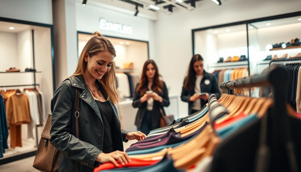 A vibrant, personalized shopping experience in a modern, well-lit retail space. In the foreground, a fashionable customer examines a neatly displayed selection of trendy apparel, their expression one of delight as they consider their options. The middle ground features helpful sales associates, attentive and eager to provide tailored recommendations. In the background, a sleek, minimalist storefront showcases the brand's latest offerings, bathed in warm, natural lighting that creates a welcoming atmosphere. The overall scene conveys a sense of personalized attention, curated choices, and a seamless shopping journey that caters to the individual's preferences and needs.