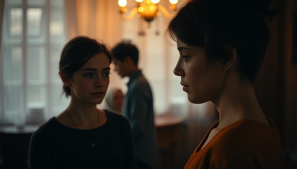 A visual representation of the emotional contrast between empathy and sympathy. In the foreground, a figure expressing empathy - their face reflecting genuine understanding and concern, their body language open and compassionate. In the middle ground, a contrasting figure conveying sympathy - their expression more detached, their posture more closed off. The background depicts a softly blurred, emotionally-charged scene, evoking the complex human experiences that require empathetic connection. Warm, muted tones create an intimate, contemplative atmosphere, while precise lighting highlights the nuanced emotional expressions. Captured through a medium-wide angle lens, the composition invites the viewer to reflect on the crucial differences between these two profound responses.