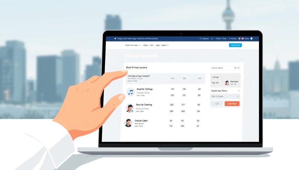 A vivid digital illustration of a laptop screen displaying the process of booking private lessons on an online learning platform. In the foreground, a user's hand interacts with the platform's intuitive interface, navigating through course listings and scheduling options. The middle ground features a clean, minimalist design with crisp typography, icons, and a neutral color palette that conveys professionalism and efficiency. In the background, a blurred cityscape or abstract geometric shapes create a sense of depth and digital environment. The lighting is soft and even, with gentle highlights emphasizing the screen's contents. The overall mood is one of simplicity, productivity, and seamless online educational experiences.