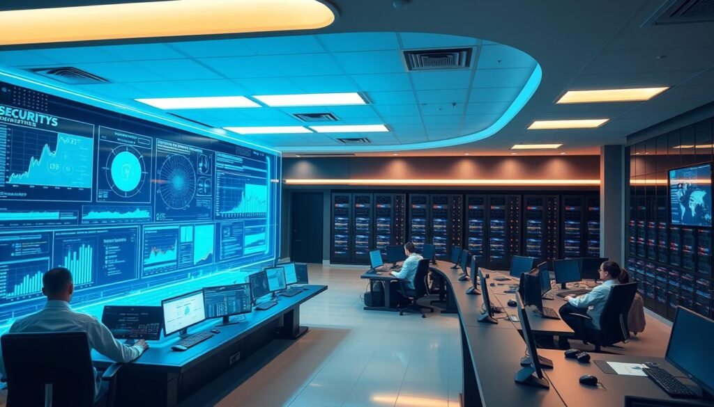A well-lit digital security control room, with a sleek and modern design. In the foreground, a large holographic display shows real-time data visualizations and analytics, monitored by a team of cybersecurity experts. The middle ground features a row of workstations with high-resolution screens, where engineers analyze network traffic and implement robust protocols. In the background, a vast array of servers and storage arrays hum with activity, protected by layers of advanced firewalls and encryption. The overall atmosphere conveys a sense of reliability, vigilance, and unwavering commitment to safeguarding critical systems.