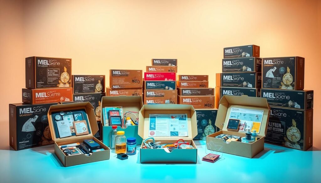 A well-lit display of various MEL Science educational science boxes, showcasing their diverse designs and contents. The foreground features several open boxes revealing scientific instruments, experiment kits, and educational materials. The middle ground shows stacked closed boxes in different colors and shapes, hinting at the range of topics covered. The background depicts a clean, minimalist setting with a soft, warm lighting that enhances the scientific aesthetic. The image conveys a sense of educational innovation, hands-on learning, and the versatility of the MEL Science educational experience.