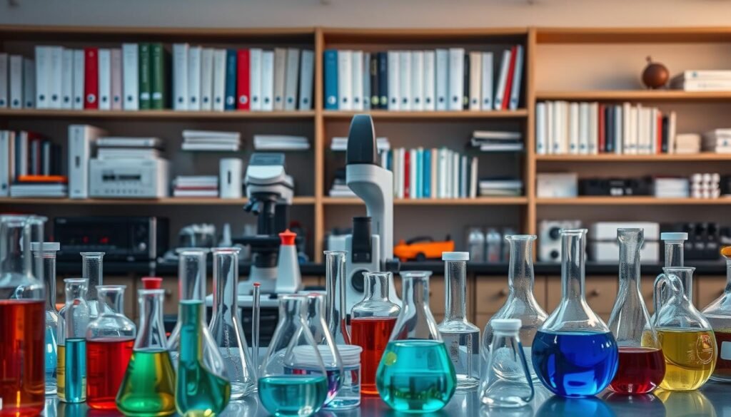 A well-lit, meticulously detailed laboratory setting with various scientific equipment and instruments arranged in a visually appealing, educational manner. In the foreground, an array of test tubes, beakers, and other glassware filled with colorful liquids and gases, subtly hinting at the captivating experiments and demonstrations that can be conducted. The middle ground showcases a sleek, modern microscope, a spectrum analyzer, and other advanced tools used for scientific exploration and discovery. The background features neatly organized shelves stocked with reference books, journals, and educational resources, creating a sense of academic rigor and intellectual curiosity. The overall atmosphere is one of scientific inquiry, learning, and the joy of hands-on experimentation.