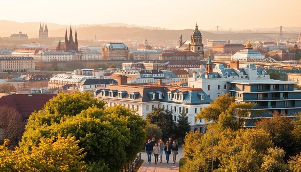 An aerial view of a European city skyline, with university campuses and student housing complexes prominently featured. The foreground shows a group of diverse international students walking on a tree-lined campus pathway, engaged in lively discussion. The middle ground depicts modern dormitories and academic buildings, while the background features iconic landmarks like cathedrals, bridges, and historical architecture. The scene is bathed in a warm, golden hour light, conveying a sense of vibrancy and cultural richness. The overall mood is one of intellectual curiosity, global community, and the cosmopolitan experience of studying in Europe.