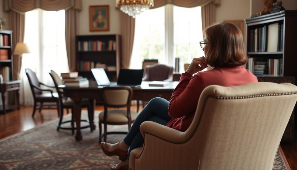 An elegant study with tasteful furnishings, a desk illuminated by soft natural light streaming through large windows. On the desk, a laptop and stack of books, symbolizing the tools of a language tutor. In the foreground, a thoughtful figure sitting in a comfortable chair, engaged in a lesson with a student. The space conveys a sense of intellectual focus and personalized attention. The overall atmosphere is one of quiet professionalism and expertise, befitting a high-quality language tutoring service.