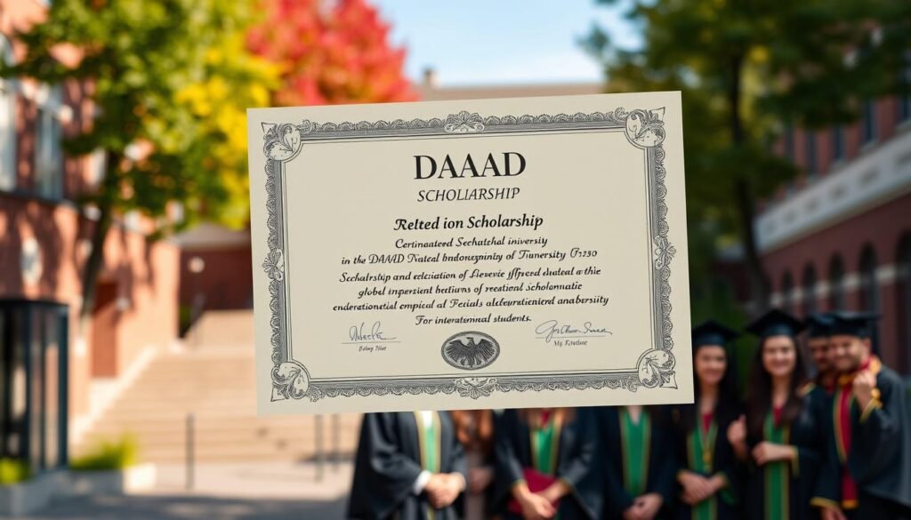 An elegantly designed academic certificate with the DAAD logo prominently displayed, floating against a backdrop of a vibrant, colorful university campus. Soft natural lighting illuminates the certificate, lending it an air of prestige and authority. The certificate's intricate border and ornate text convey the prestigious nature of the DAAD scholarship program for international students. In the middle ground, a group of diverse, smiling students in academic gowns stand together, representing the global reach and inclusivity of the DAAD scholarships. The overall scene exudes a sense of academic excellence, international collaboration, and the transformative power of education.